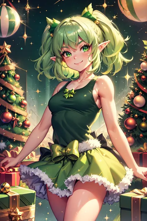 a woman in a green dress standing next to a christmas tree