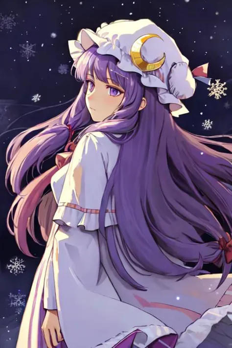 masterpiece, best quality, highres, 
patchouli knowledge, 1girl,purple hair,purle eyes,long hair, mob cap,crescent hat ornament,...