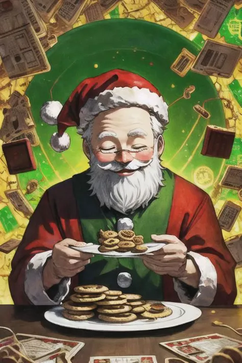 Santa Claus eating a plate of cookies, the cookies have green circuitboard computer chips instead of chocolate chips, smiling, eyes closed