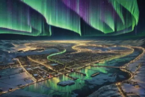 aurorastyle, aerial view of a snowy village by night, illuminated by the colorful northern lights