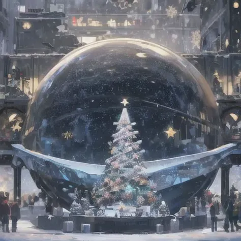 Imagine a futuristic Christmas celebration set in a world where technology and tradition seamlessly merge. Generate a scene that showcases advanced holiday decorations, futuristic Santa Claus, and innovative ways people celebrate Christmas in a world where creativity knows no bounds.