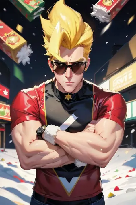 Perfectly-centered portrait-photograph of johnny bravo in a santa suit with packages, in the style of subversive art, playful, youthful images, poolcore, rtx on, candid moments captured, snow scenes, cut/ripped ,