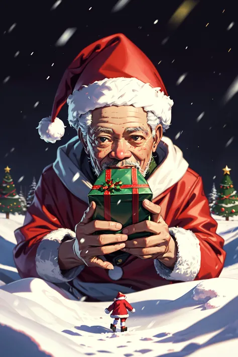 Perfectly-centered portrait-photograph of morgan freeman in a santa suit with packages, in the style of subversive art, playful, youthful images, poolcore, rtx on, candid moments captured, snow scenes,