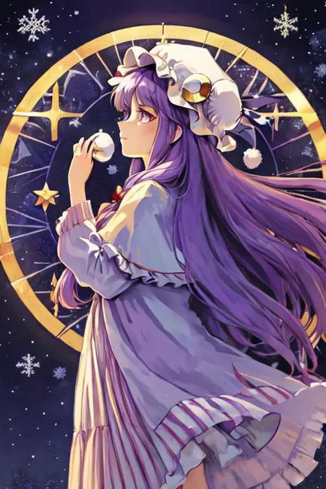 masterpiece, best quality, highres, 
patchouli knowledge, 1girl,purple hair,purle eyes,long hair, mob cap,crescent hat ornament,...