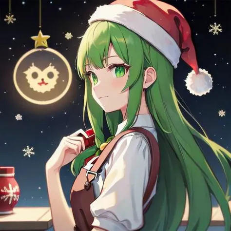 anime girl with green hair and santa hat holding a drink