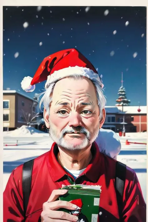 Perfectly-centered portrait-photograph of bill murray in a santa suit with packages, in the style of subversive art, playful, youthful images, poolcore, rtx on, candid moments captured, snow scenes, cut/ripped ,