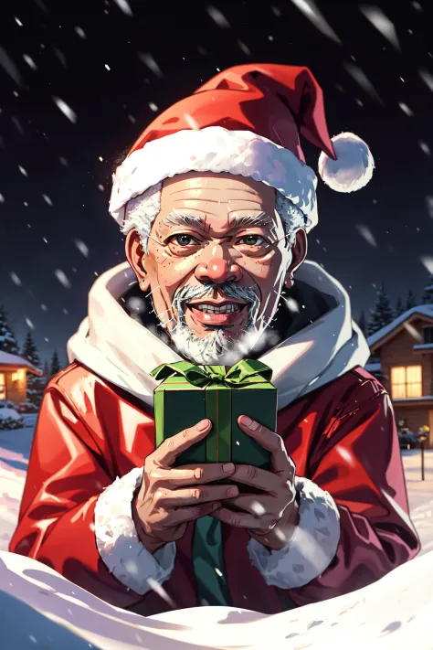 Perfectly-centered portrait-photograph of morgan freeman in a santa suit with packages, in the style of subversive art, playful, youthful images, poolcore, rtx on, candid moments captured, snow scenes, cut/ripped ,