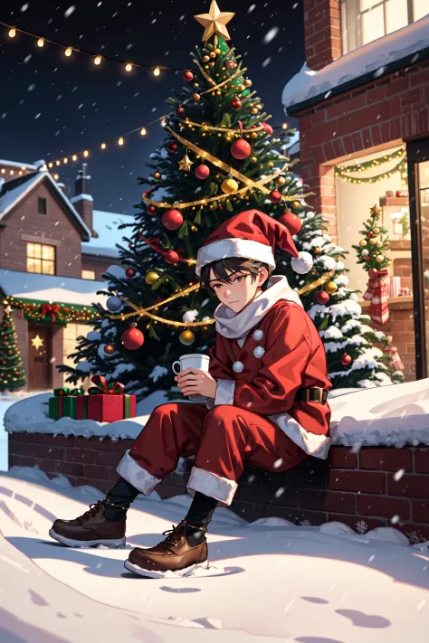 man sitting next to the christmas tree with a cup of coffee, he's wearing a santa hat and is tied up in christmas lights, in the style of genderless, imitated material, in the style of subversive art, playful, youthful images, poolcore, rtx on, candid moments captured, snow scenes, ,