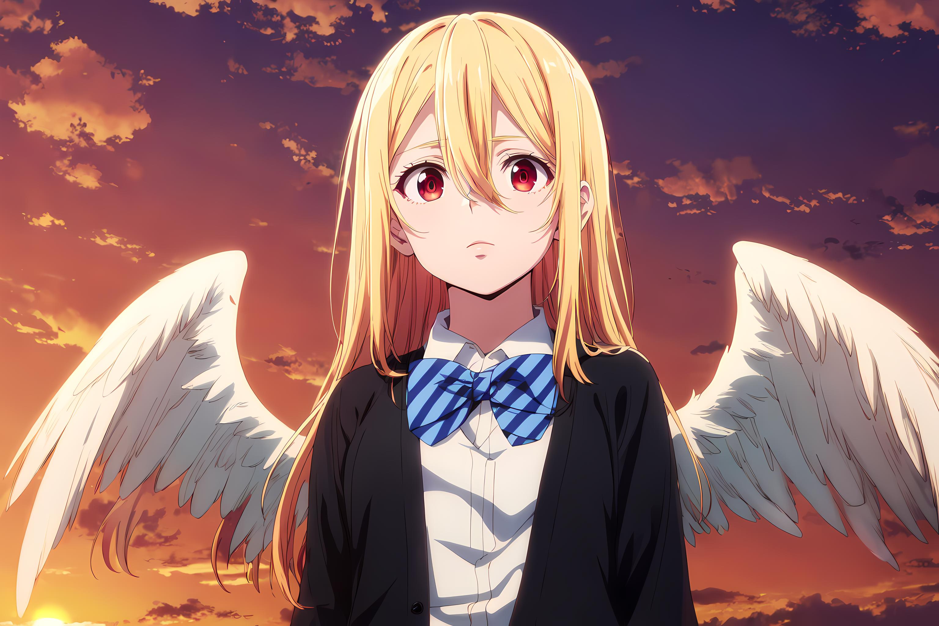 Anime girl with angel wings and bow tie standing in front of a sunset -  SeaArt AI