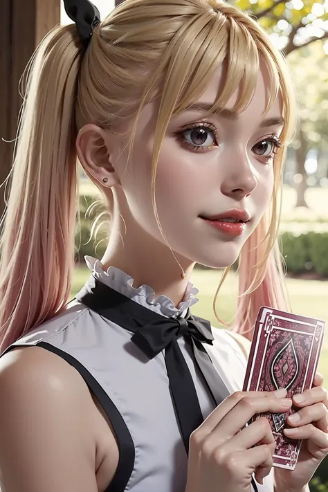 anime girl with pink hair holding a deck of cards in her hand