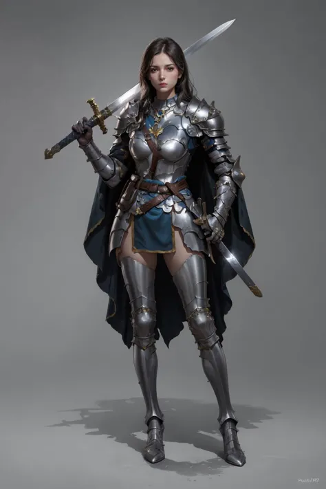 a woman in armor holding a sword and a sword