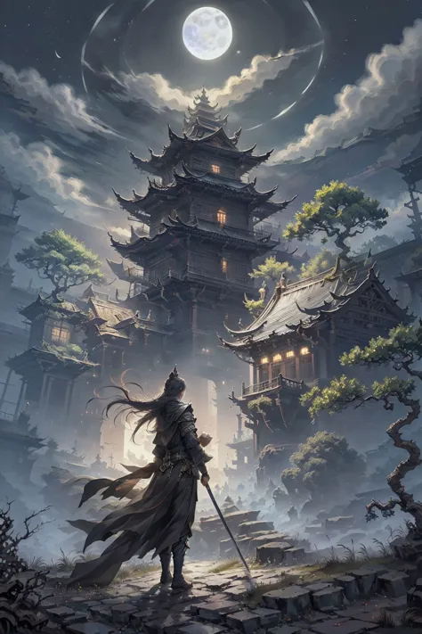 1girl,holding sword,full body,east asian architecture,stading on rooftop,moon,night,fantasy,night,tree,Medieval fantasy world,Moonlight at night,wilderness,night,