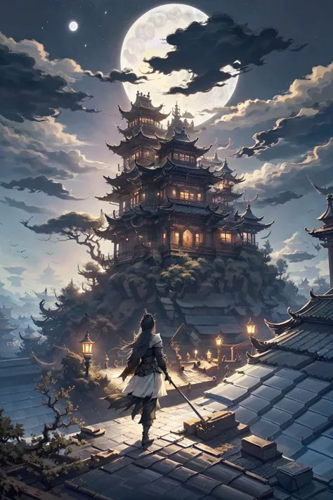 <lora:wuxiashijieV1:0.8>,1girl,holding sword,full body,east asian architecture,(stading on rooftop:1.5),moon,night,<lora:Night:0...