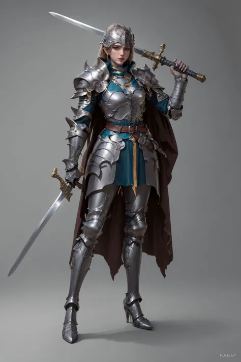 <lora:Over_shoulder-15:0.6>,Over_shoulder,Sword_Helm,standing,full body,armored boots,greaves,belt,knight,necklace,cape,armor,high heels,((holding sword)),shoulder armor,vambraces,breastplate,gauntlets,pauldrons,full armor,helmet removed,((holding helmet)),plate armor,, (masterpiece, best quality, high quality, highres, ultra-detailed),