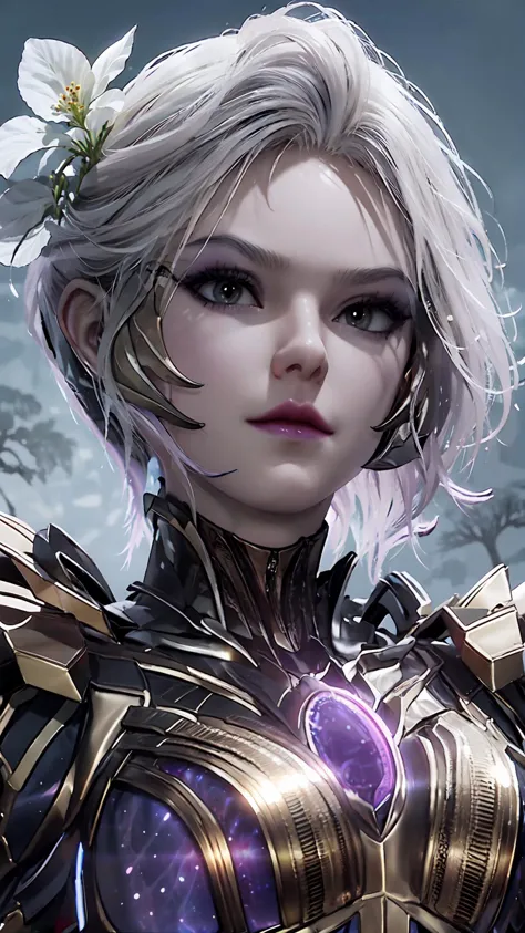 <lora:jmai_20240312184454-0000010:0.7>,(portrait:1.2),short hair,grey hair,white_flower,armor,(shoulder_guard:1.1),moonlight,cool tone,