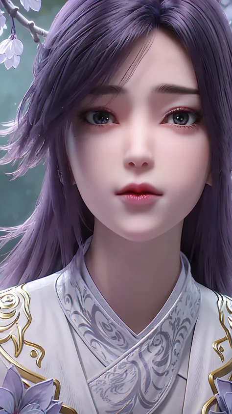 a close up of a woman with purple hair and a white dress