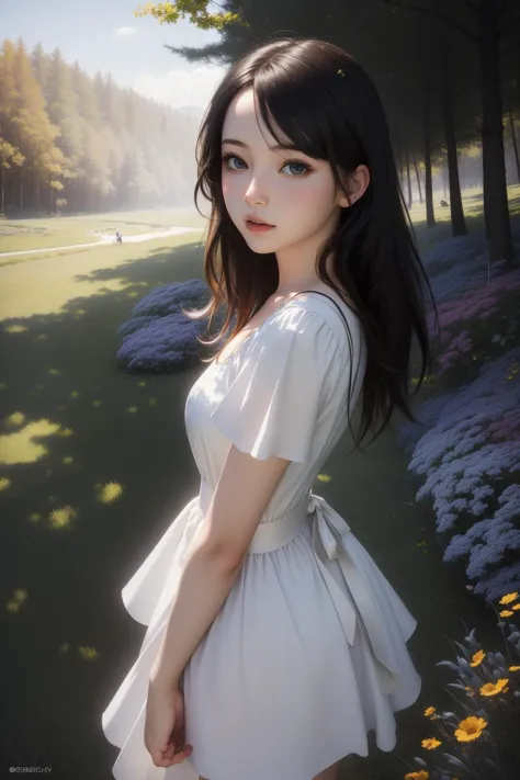 a woman in a white dress standing in a park