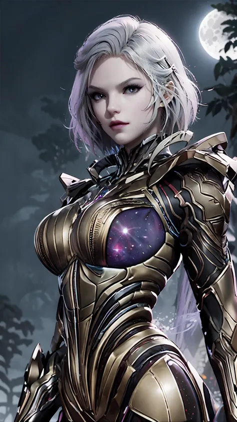 a close up of a woman in a gold armor with a full moon in the background