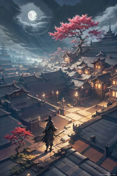 1girl,holding sword,full body,east asian architecture,(stading on rooftop:1.5),moon,night,fantasy,night,tree,Medieval fantasy world,Moonlight at night,wilderness,night,