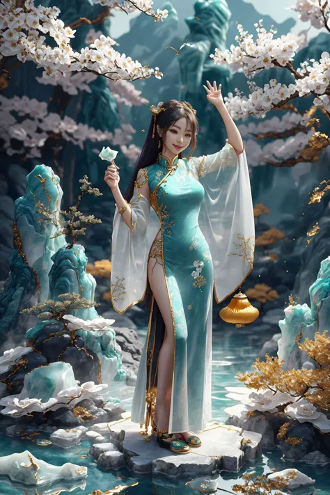 1girl,jade dress,long hair,(white jade skin:1.3),jade clothes,full body,smile,Chinese style,jade carving,gold and jade carvingt,Jade,three-dimensional,3D,blender,C4D,<lora:jade:1.2>,, (masterpiece, best quality, high quality, highres, ultra-detailed),