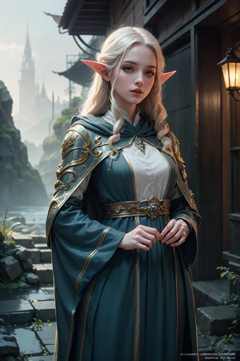 professional light, cinematic lighting, fashion photography, ambient lighting, a female elven sorceress, wearing intricate robes, cloak, standing in the foreground in a fantasy elven city, white stone buildings, highelf, in the style of Tolkien, Middle Earth, Rivendell