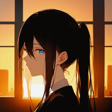 anime girl looking out a window at the sunset