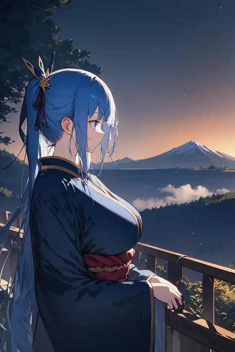 anime girl with blue hair and blue dress looking out over a mountain