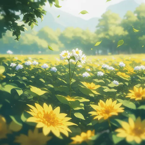 there is a field of flowers with yellow and white flowers