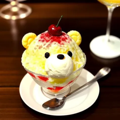 there is a small bowl of ice cream with a teddy bear face on top