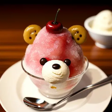 there is a bowl of ice cream with a bear head on it