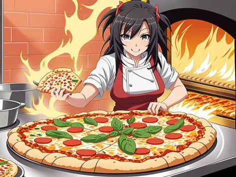 visual principal do anime, mulher cozinhando pizza