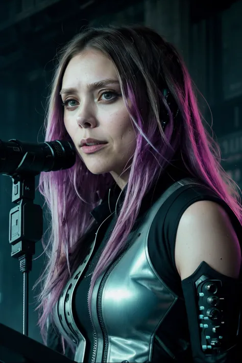 (cyberpunk style), ( (elizabeth olsen)  as cyberpunk  aesthetic  character with  a mechanical arm),   (imperfect skin details),  Complex texture and moody, gothic lighting. dust, grime and grit. dystopic grey ruins in background., ai artwork by Quiron,  neon light,  breathtaking watercolor painting of beautiful 1girl giving a speech at a rally, rostrum, microphone, dynamic angle, vibrant, beautiful, detailed, artistic., cybernetic enhancements,