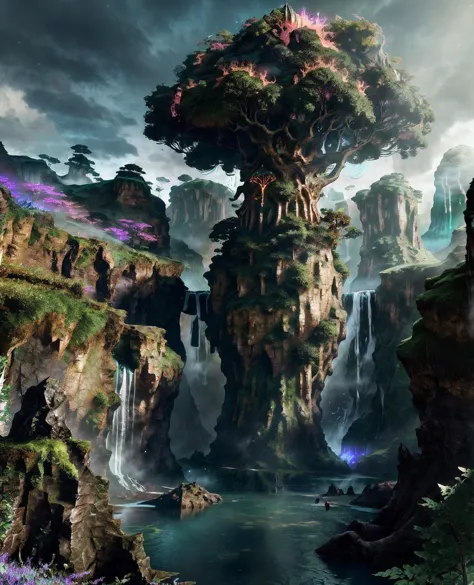 breathtaking  <lora:quiron_LegendaryLandscapes_v1_Lora:0.87> LegLandscapesQuiron, legendary landscapes by quiron, landscapesquiron,  surreal, particles, chromatic aberration,  glowing,  shiny,  scenery, landscape, nature,  fantasy , tree , intricate artwork masterpiece, impressive, stunning, Celtic , Ethereal Waterfalls, . award-winning, professional, highly detailed