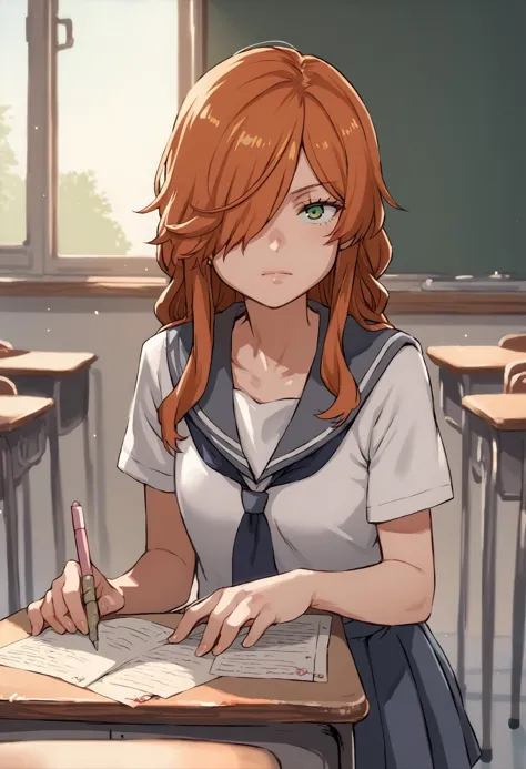 anime girl sitting at desk writing in a classroom with a window