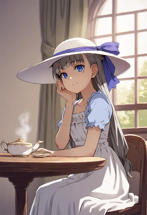 anime girl sitting at a table with a cup of tea