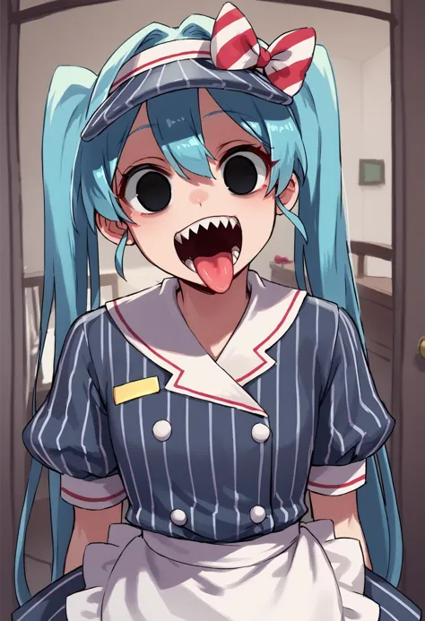 score_9, score_8_up, source_anime,
asanagi, by muk \(monsieur\)
BREAK,
1girl,mikumesmerizer, hatsune miku,
vertical-striped dress, waist apron, sharp teeth, visor cap, open mouth, tongue, empty eyes, 
indoors