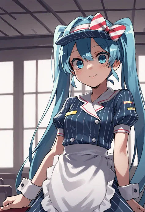 Punktzahl_9, Punktzahl_8_hoch, Quelle_Anime-Serie,
Asanagi, von muk \(monsieur\)
brechen,
1 Mädchen,wieder normal, hatsune miku,
Kleid mit vertikalen Streifen, Taillenschürze, Handfesseln, Schirmmütze,
drinnen