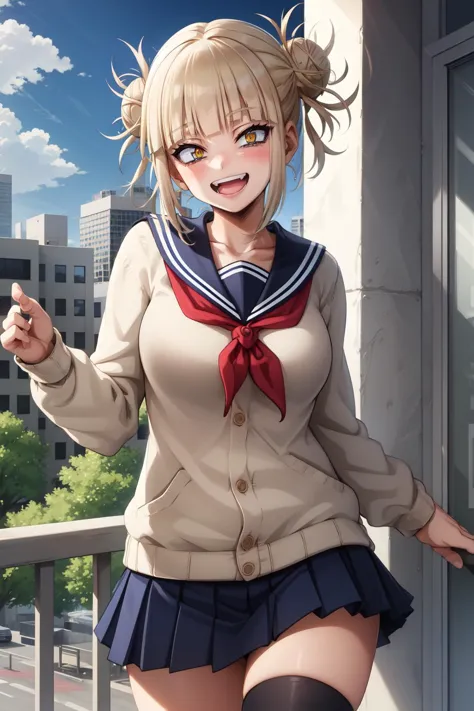 HimikoU1, 1girl, solo, bangs, blonde hair, yellow eyes, blunt bangs, hair bun, double bun, sidelocks, messy hair, looking at viewer, smile, blush, bags under eyes, teeth, school uniform, sailor collar, open mouth, serafuku, fangs, breasts, medium breasts, cardigan, narrowed eyes, long sleeves, neckerchief, red neckerchief, cowboy shot, slit pupils, blue saillor collar, skirt, sharp teeths, :d, pleated skirt, collarbone, short hair, blue skirt, kneehighs,  outdoors, day, buildings, city, clouds, balcony, trees, bushes, tall female, skinny,
 <lora:HimikoU2:0.8>