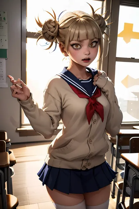 (masterpiece, best quality), 1girl,  <lora:HimikoU2:1> HimikoU1, double bun, sidelocks, school uniform, sailor collar, red neckerchief, slit pupils, sharp teeths, pleated skirt, serafuku, cardigan,  long sleeves,  blue saillor collar, yellow eyes