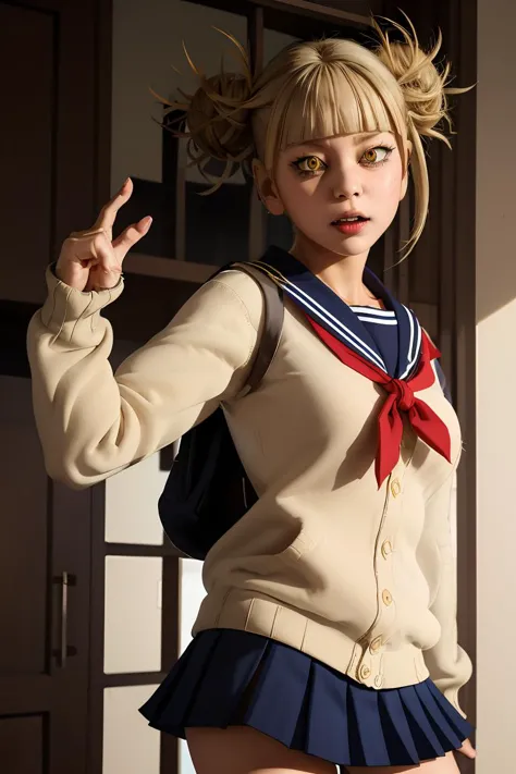 (masterpiece, best quality), 1girl,  <lora:HimikoU2:1> HimikoU1, double bun, sidelocks, school uniform, sailor collar, red neckerchief, slit pupils, sharp teeths, pleated skirt, serafuku, cardigan,  long sleeves,  blue saillor collar, yellow eyes