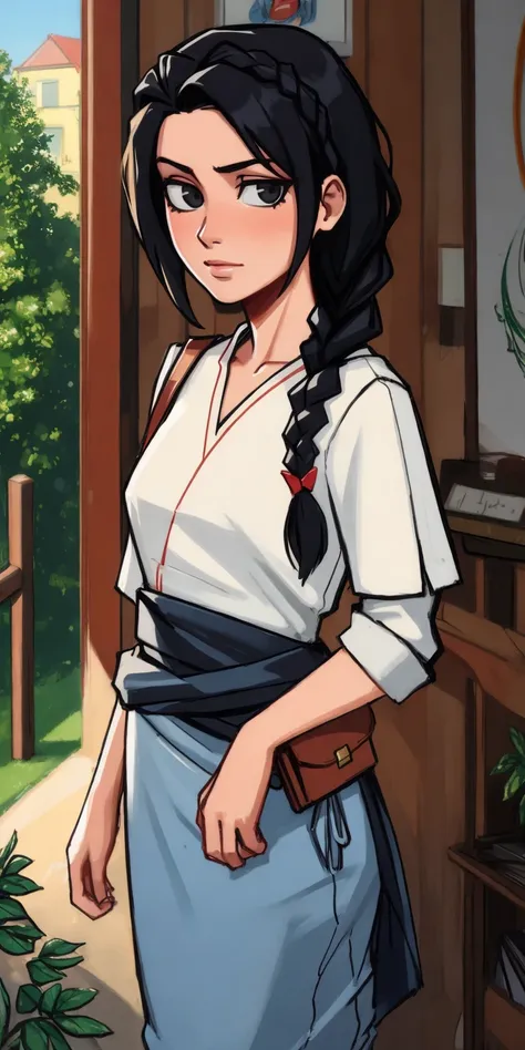 a cartoon girl with long black hair and a white shirt