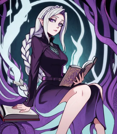 masterpiece, facing viewer, centered, absurdres,  realistic, (photorealistic), full body shot, highly detailed, solo, female Byrgenworth scholar reading an occult tome, tentacles in background, floating eyes in background, lovecraft, Eldritch horror,beautiful face, sharp focus, colored light, sexy, astral clocktower, braided hair