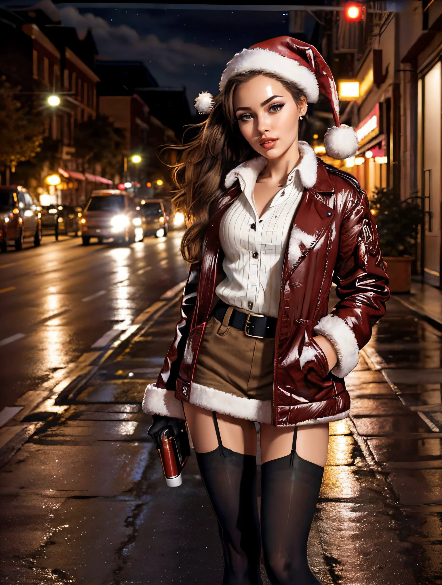 ((Masterpiece, realism, best quality)), ray tracing, vogue, smug, smirk, a sexy girl at school, new year, woman twin tails, red lips, slutty, jewelry, standing, full body, pantyhose, shoes, striped, belt, bracelet, fashion,
night, sexy atmosphere, christmas tree, by lee jeffries, nikon d850 film, stock photograph, kodak portra 400, camera f1.6, lens, rich colors, hyper realistic, lifelike, texture dramatic lighting, unrealengine, trending on artstation cinestill 800  
HIGHLY detailed, best quality, silhouette, spotlight, dark theme, S127_MartaMayer Santa hat, Santa lingerie red, bells, jacket, gloves 