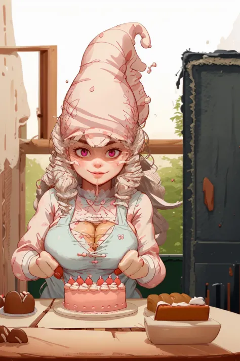 female wichtel with big nose baking a cake in the kitchen <lora:Wichtel-000004:1>