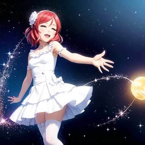 Nishikino maki, ,best quality, ultra high res, (photorealistic:1.4), 1girl, solo focus, ((white mini see through dress)), elbow dress, black thighhighs, frills, ribbons, studio background, (platinum red hair:1),floating hair, ((puffy eyes)), looking at viewer, facing front, cute, moon light city , clear facial skin,