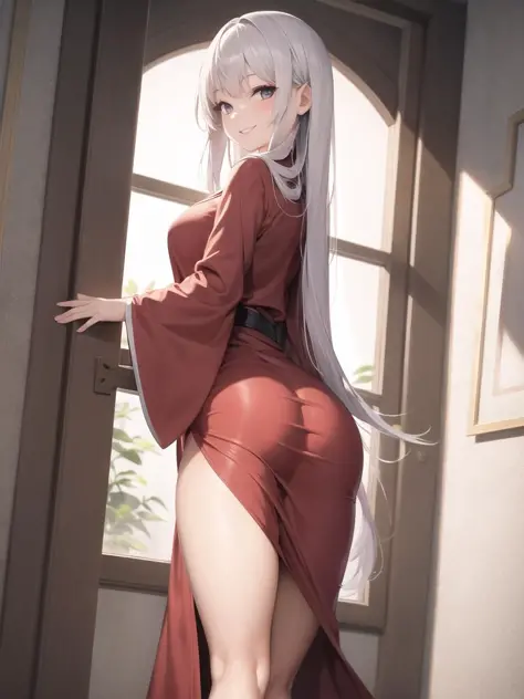 masterpiece,best quality,1girl,indoors,silky wizard robe,wide hips,long hair,looking at viewer,smile,from behind