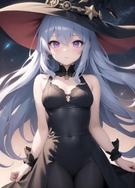 masterpiece,best quality,detailed,1girl,night sky,stars,arms at sides,levitating,witch hat,gothic two toned dress,detailed eyes,purple eyes,multicolored hair,long light blue hair