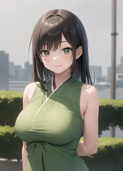 masterpiece,best quality,1girl,outdoors,grey sky,sleeveless,arms behind back,green japanese clothes,large breast,upper body,smile