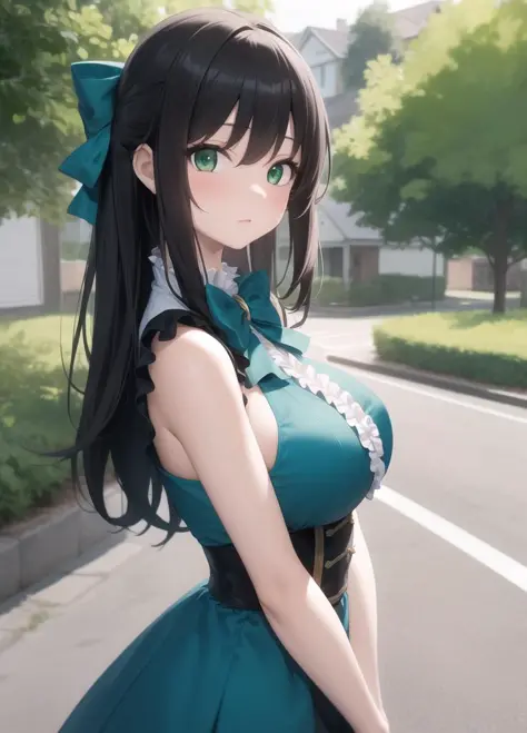masterpiece,best quality,1girl,outdoors,houses,road,large breasts,upper body,teal dress,bow,frills,sleeveless,ribbons,black long hair,green eyes,looking at viewer