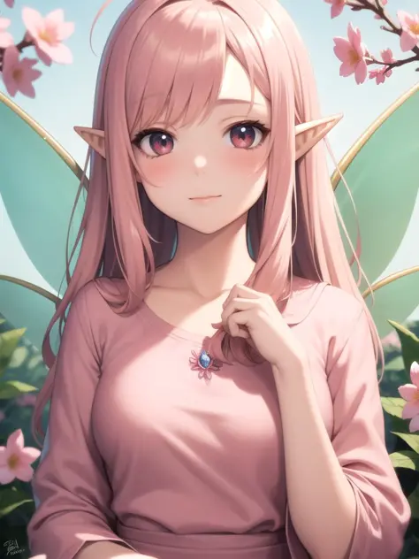 masterpiece,best quality,1girl,pink shirt,fairy wings,fairy,elf ears,pink flowers,,close up